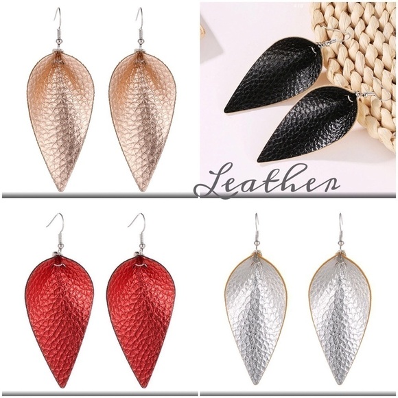 Leather Drop Earrings l BOHO LEATHER LEAF EARRINGS - Picture 1 of 2